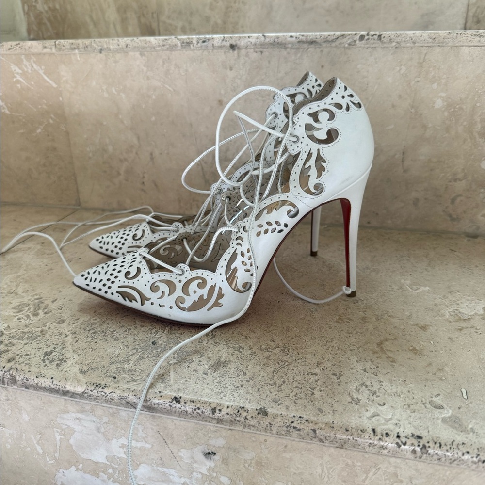 Christian Louboutin White Impera Lace Cutout Heels